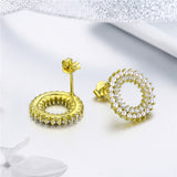 925 Sterling Silver Plated Gold Circle  Pearl Zircon Stud Earrings
