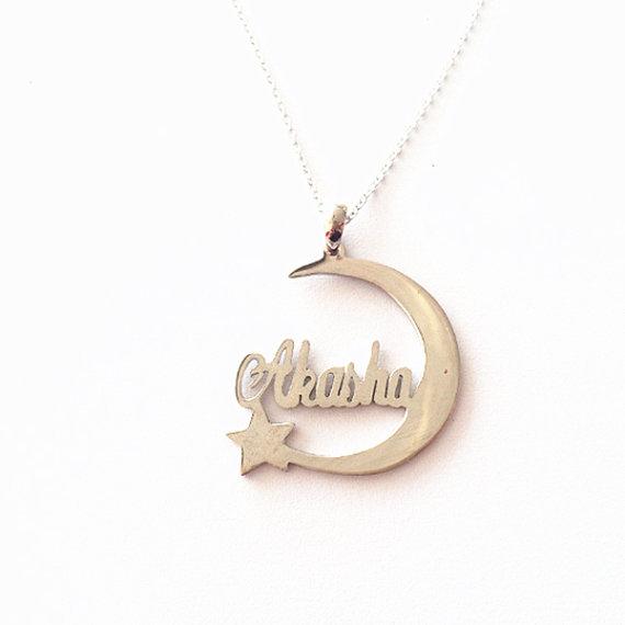 925 Sterling Silver Personalized Crescent Moon & Star Name Necklace  Adjustable 16”-20”