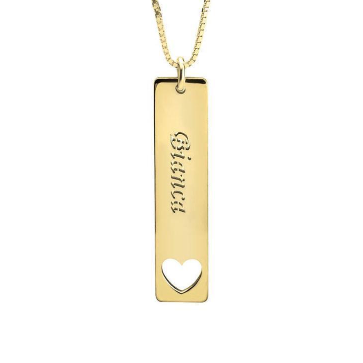 925 Sterling Silver Personalized Vertical Name Bar Necklace With Heart Adjustable 16”-20”
