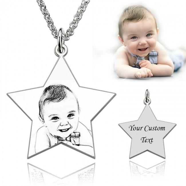 925 Sterling Silver  Personalized Pentagram Engraved Photo Necklace Adjustable 16”-20” - 925 Sterling Silver OEM And Customization