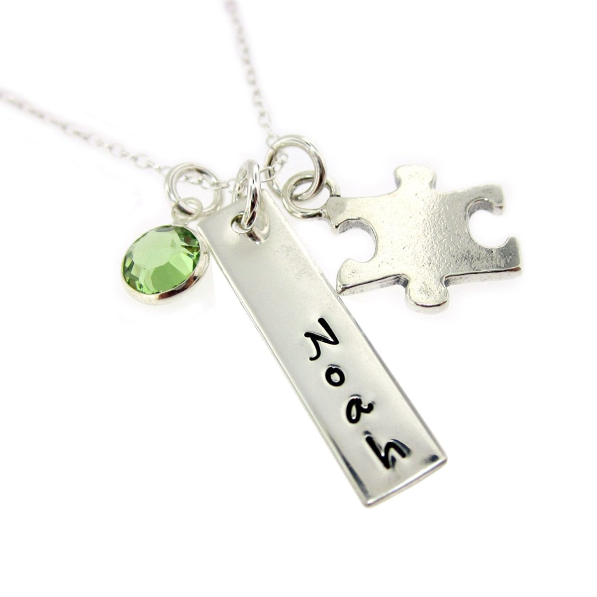 925 Sterling Silver Personalized Birthstone Bar Engraved Necklace With A Puzzle Charm Adjustable 16”-20” - 925 Sterling Silver OEM And Customization