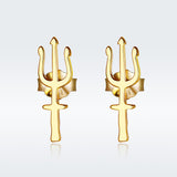 925 Sterling Silver Plated Gold Trident Earrings Stud Earrings