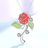 925 sterling silver Cute rose Flower pendant chain red green enamel plant Necklace for women Valentine's Jewelry gift