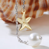 New Fashion 100% 925 Sterling silver Cute Gold Color Seastar pendant with pearl Necklace for Women Party Jewelry Gift