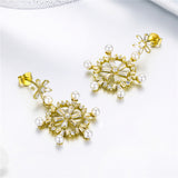 925 Sterling Silver Plated Gold Wholesale Snowflake Pearl Stud Earrings