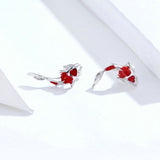 Fish Red Enamel Stud Earrings for Women 925 Sterling Silver Spring Koi Ear Studs Festival Silver Fashion Jewelry