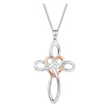 White Gold Plated Real Sterling Silver Celtic Knot Cross Crucifix Infinity Ribbon Heart Pendant Necklace For Women, 16