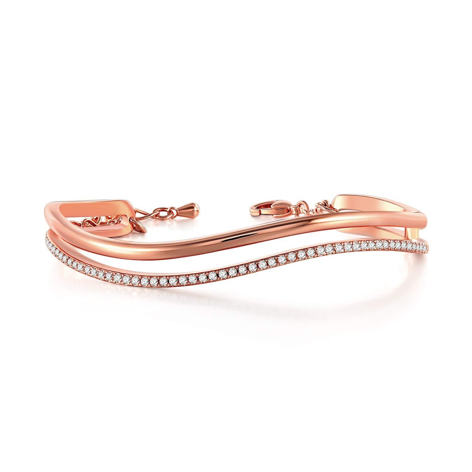 S925 Sterling Silver Rose Gold Bracelet For Women 'Timeline' Cuff Bangles Crystal Swarovski Jewelry