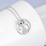 Cubic Zirconia Smart Cat Circle  Pendant Necklace 925 Sterling Silver