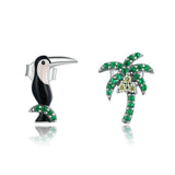 925 Sterling Silver Summer Toucans and Coconut Tree Stud Earrings Precious Jewelry For Women