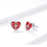 925 Sterling Silver Red Heart with Cross Stud Earrings Precious Jewelry For Women