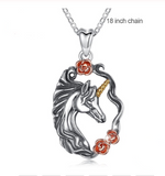 925 Sterling SIlver horse Unicorn Pendant Necklace for Women Teen Girl Gift Silver Horse with Rose vintage Jewelry