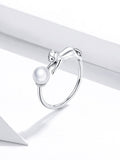 925 Sterling Silver Cute Cat with Pearl Ball Open Rings Fashion Wedding Jewelry For Women