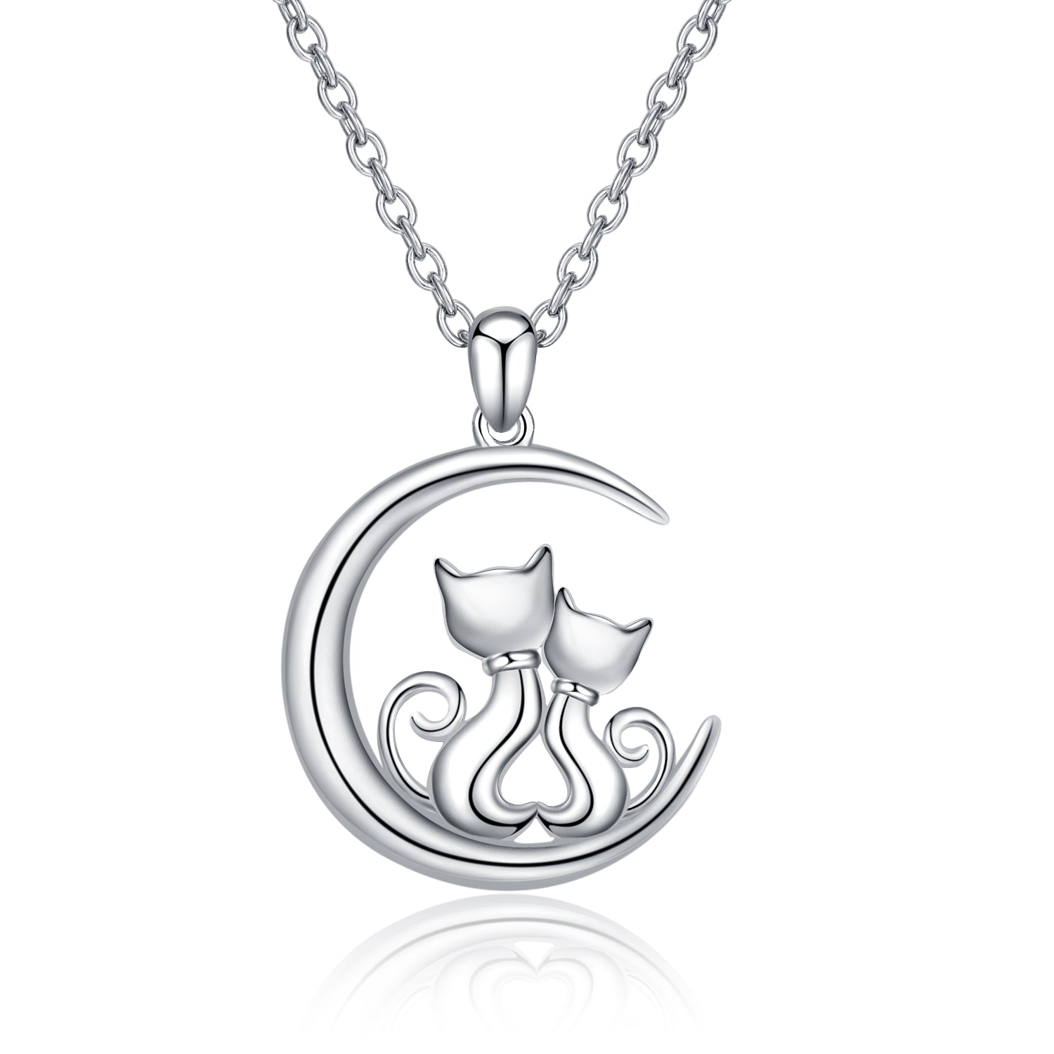 Double Cat & Moon Necklace Curved Moon Animal Silver Necklace
