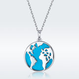 S925 Sterling Silver World Map Pendant Necklace White Gold Plated Oil Drop Necklace