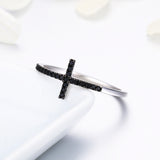 S925 Sterling Silver Cross Faith Ring White and Black Gold Plated Zircon Ring