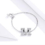 S925 sterling silver letter M ring white gold plated zircon ring chain adjustable