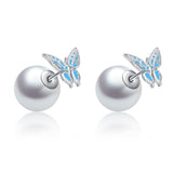 Butterfly Pearl Earrings Beautiful Colorful Blue Enamel Silver Earrings