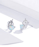 925 Sterling Silver Unicorn With Heart Opal Stud Earrings Precious Jewelry For Women