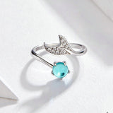 925 Sterling Silver Blue Ocean Stone  Fish Tail Rings For Women Open Ajudstale Fashion Ring Jewelry