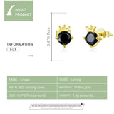 Authentic 925 Sterling Silver Frog Crown Stud Earrings for Women and Men Black CZ Stone Gold Color Fine Jewelry