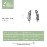 Authentic 925 Sterling Silver Retro Feather Stud Earrings for Women Real Silver Ear Studs Fine Jewelry Brincos