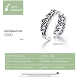Feather Open Adjustable Finger Rings for Women Retro 925 Sterling Silver Jewelry Vintage Style Accessories