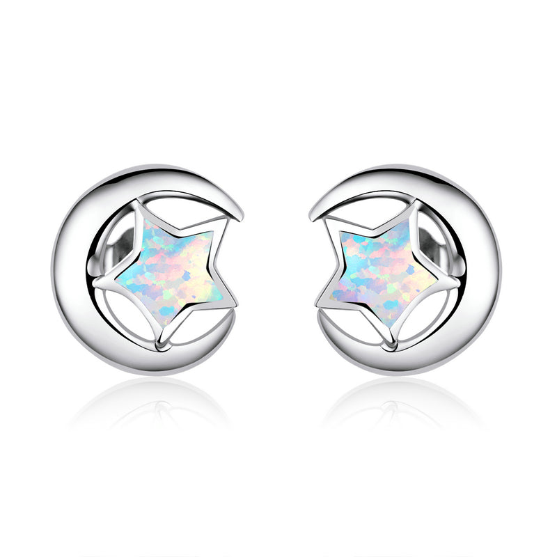 Moon and Star 2 Colors Opal Stud Earrings