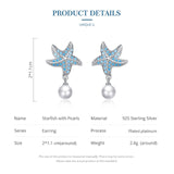 Genuine 925 Sterling Silver Ocean Blue Starfish with Pearl Stud Earrings for Women Engagement Statement Jewelry
