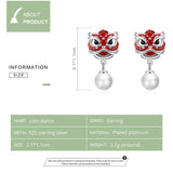 Lion Dance Red Enamel Silver Earrings for Women Pearl Jewelry 925 Sterling Silver Traditional Fesitival Bijoux