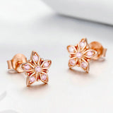 Genuine 925 Sterling Silver Sakura Pink Flower Exquisite Stud Earrings for Women Wedding Party Jewelry Gift