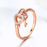 S925 sterling silver heart key ring Rose Gold Plated cubic zirconia ring