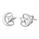 Silver Moon and Star Stud Earrings	