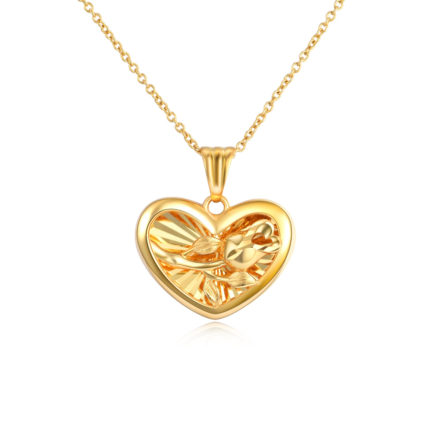 18K Gold Fashion Rose Pattern Heart Shaped Pendant Necklace
