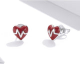 925 Sterling Silver Red Enamel Heart Heartbeat Stud Earrings For Women