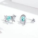 Blue Planet with Star Stud Earrings for Women Authentic 925 Sterling Silver Design Universe Fashion Jewelry