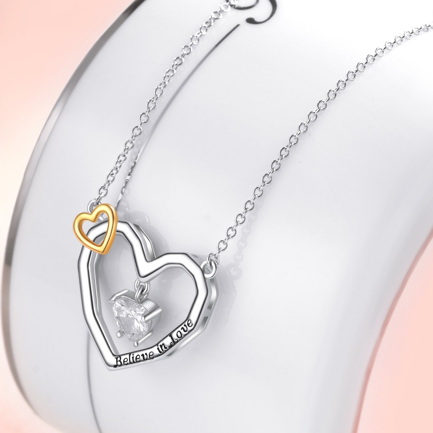 Double Heart Love Jewelry Believe in Love Engraved Heart Shape Necklace