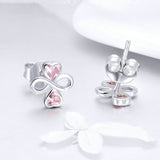 Real 925 Sterling Silver Infinite Love Pink Heart Clover Small Stud Earrings for Women Authentic Silver Jewelry