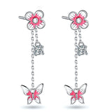 pink daisy flower plant Tassel earring zircon butterfly Stud Earring