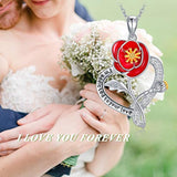 Red Poppy Flower Heart Pendant Necklace Sterling Silver Enamel Flower Necklace for Girl Women