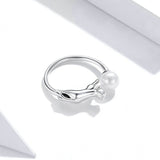 925 Sterling Silver  Rings Mischievous Cat with Ball Open Finger Rings for Women Pearl Fashion Jewelry