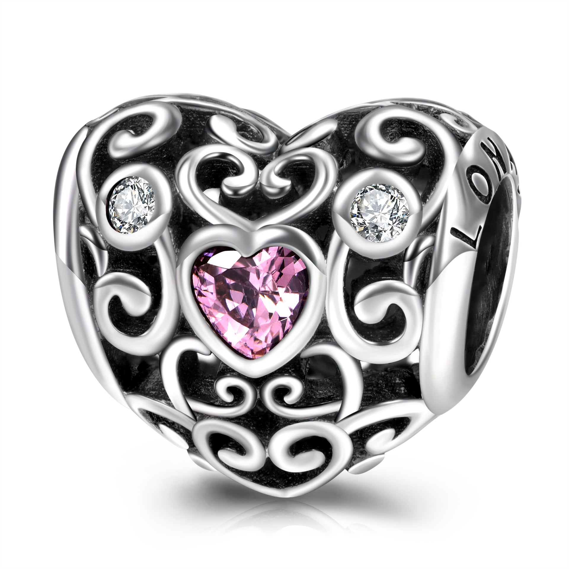 Love Heart Beads Charms Hollow with Cubic Zirconia Beads for Bracelet