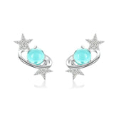 Blue Planet with Star Stud Earrings for Women Authentic 925 Sterling Silver Design Universe Fashion Jewelry