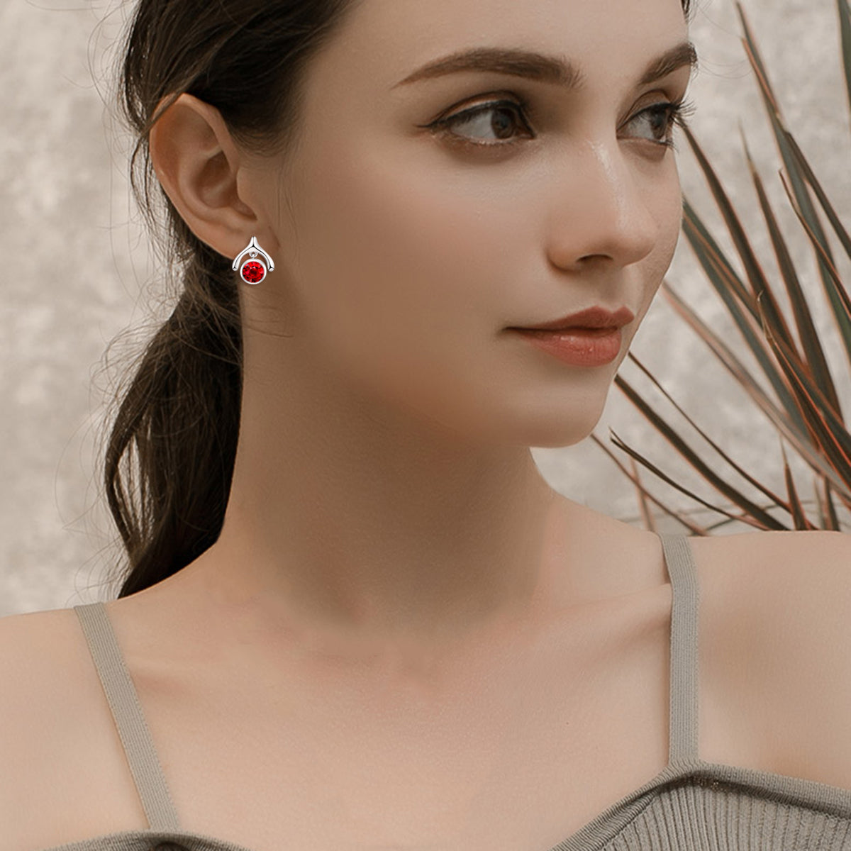 Wishbone Red Crystal Earrings Flower Spring Bright-colored Silver Earrings