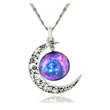 Crescent Moon Filigree Glass Cabochon Galaxy Universe Art Picture Pendant Necklace