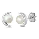 Silver Moon & Pearl Stud Earrings