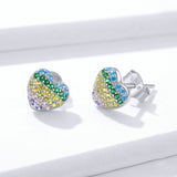 925 Sterling Silver Rainbow Heart Stud Earrings for Women AAA CZ Paved Amour Ear Studs Silver Jewelry