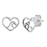 Silver Heart & Wave Stud Earrings