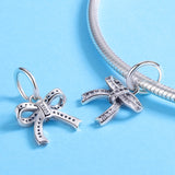 S925 sterling silver Oxidized zirconia sweet Ribbon Bow Dangles Charms
