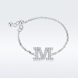 S925 sterling silver letter M ring white gold plated zircon ring chain adjustable